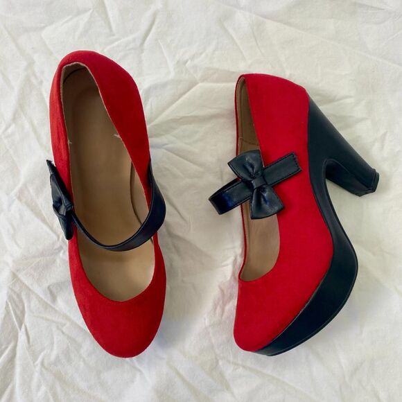 Retro Stage Black Red Bow Platform Whimsygoth Lolita Mary Jane Heels US 11.5 - Picture 2 of 7